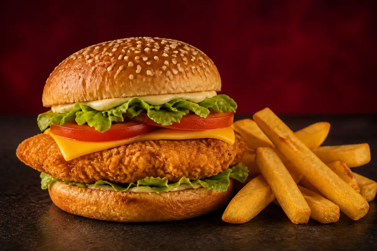 Chicken fillet burger with fresh salad and hot chips