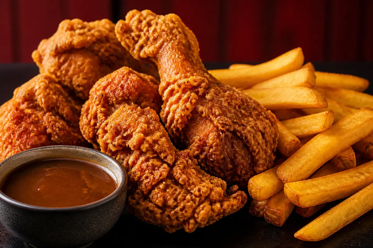 Crispy fried chicken with hot chips and gravy