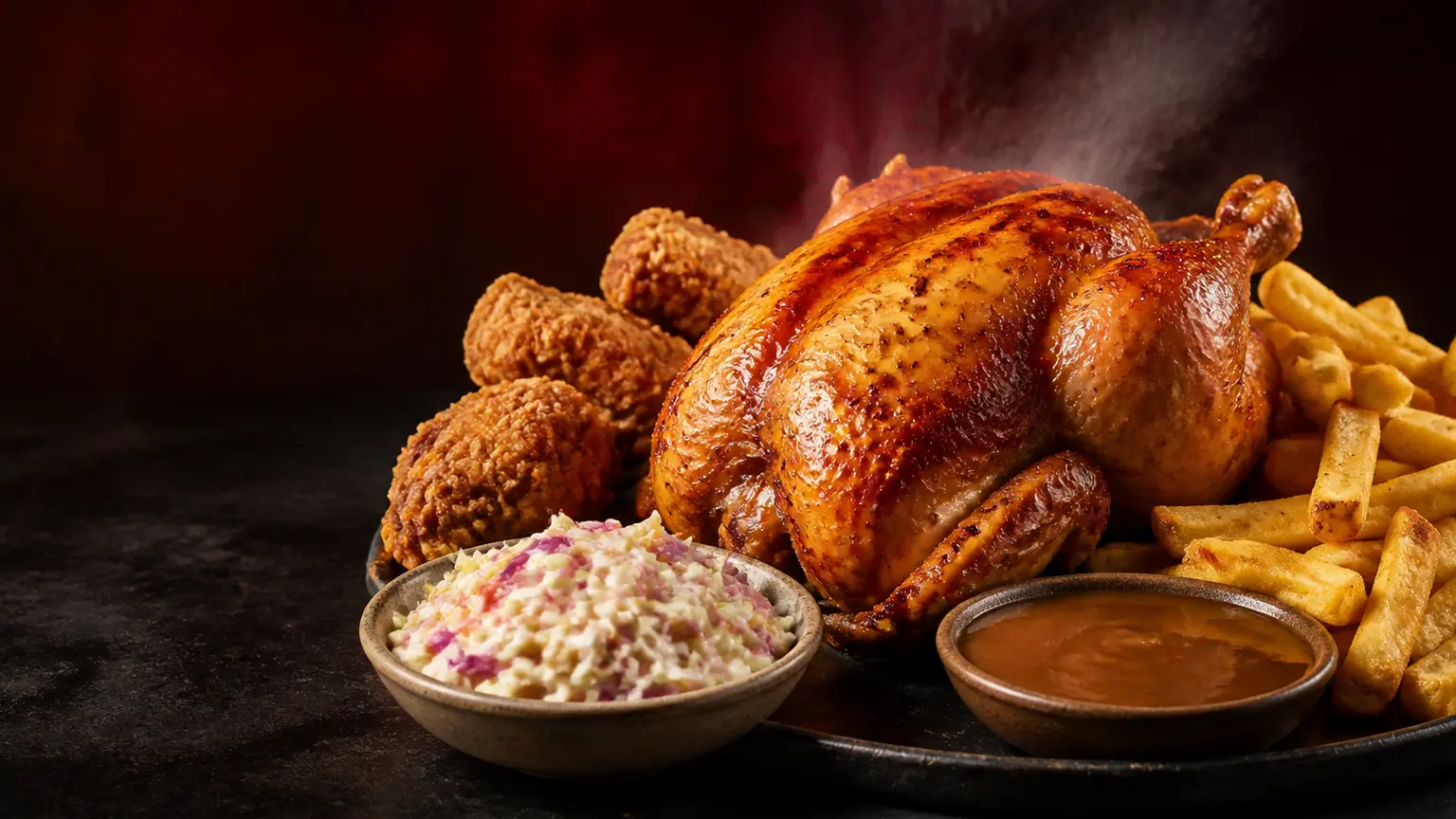 A hot rotisserie chicken feast with chips, gravy, coleslaw and crispy chicken